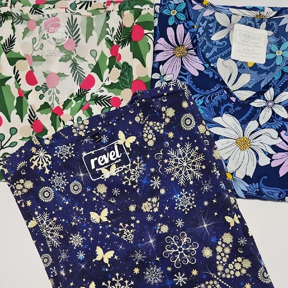 Bundle Of 3  Blue and Purple Floral Scrub Tops Size S